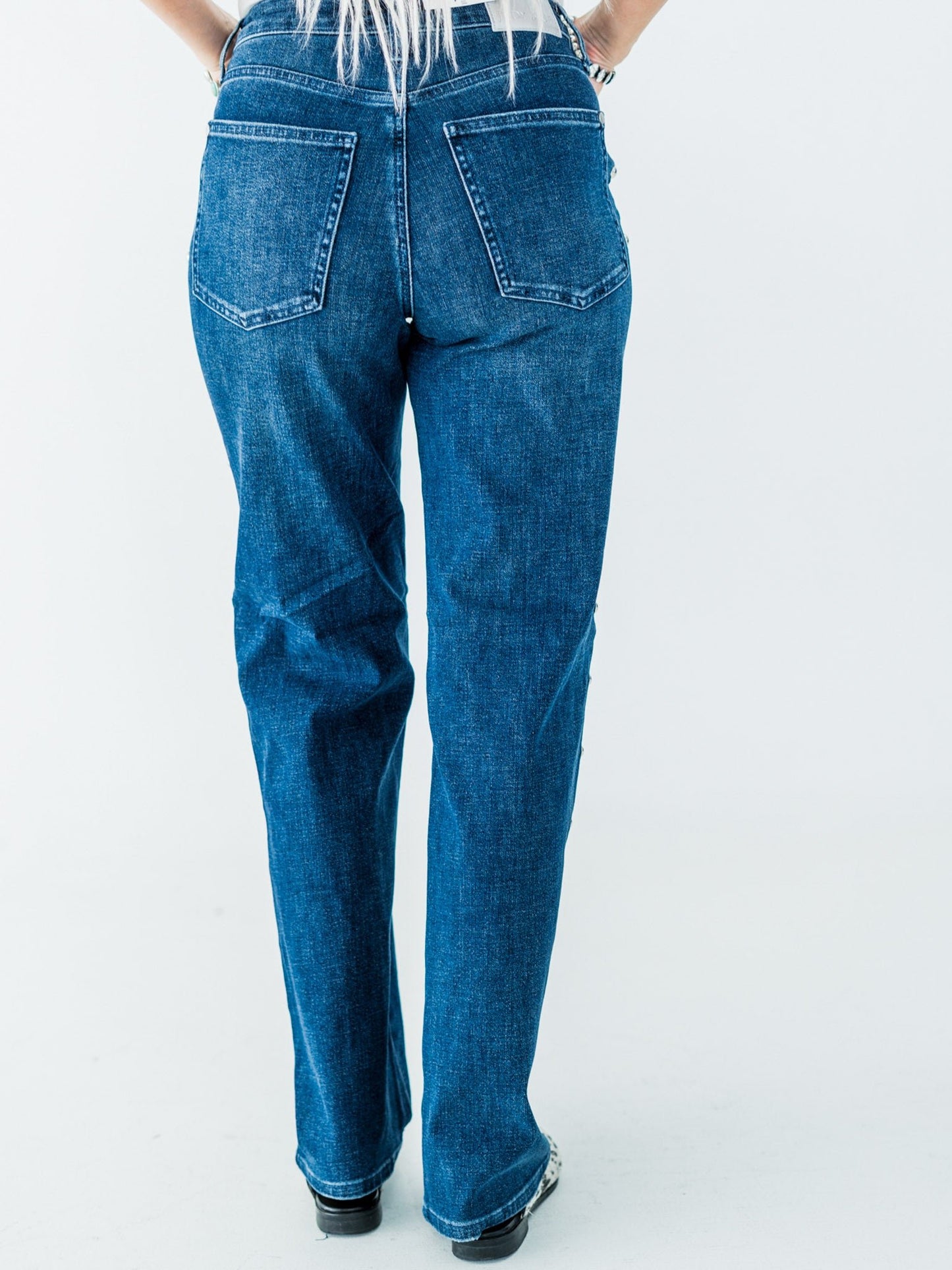 Judy Blue High - Waist Dome Studded Straight Jeans - Whiskey Skies - JUDY BLUE