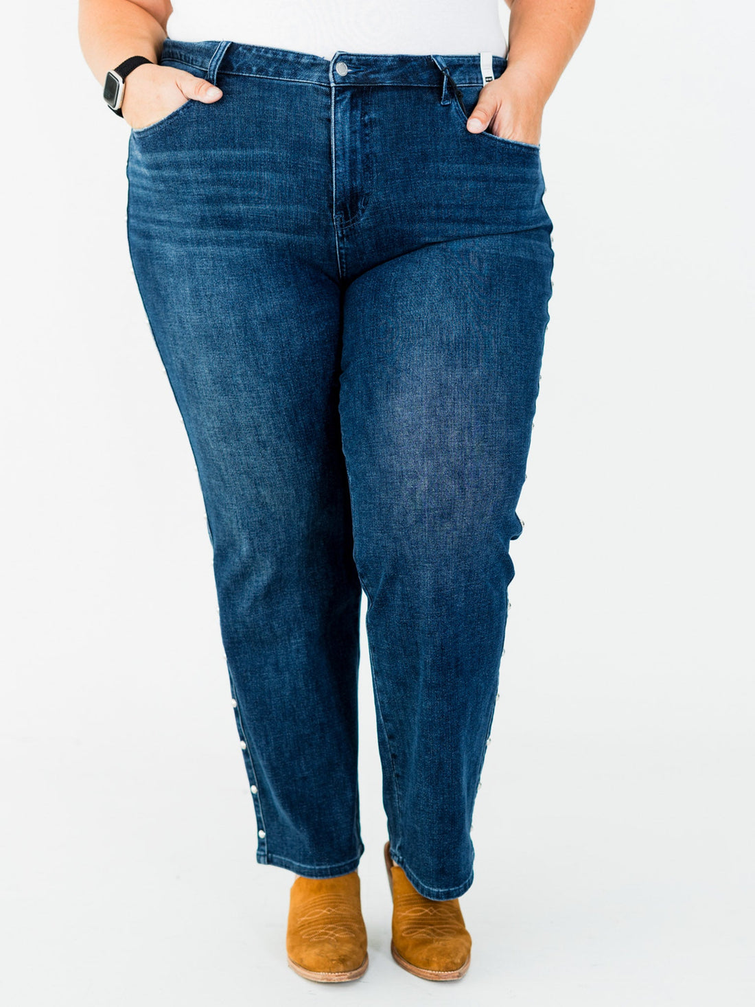 Judy Blue High - Waist Dome Studded Straight Jeans - Whiskey Skies - JUDY BLUE