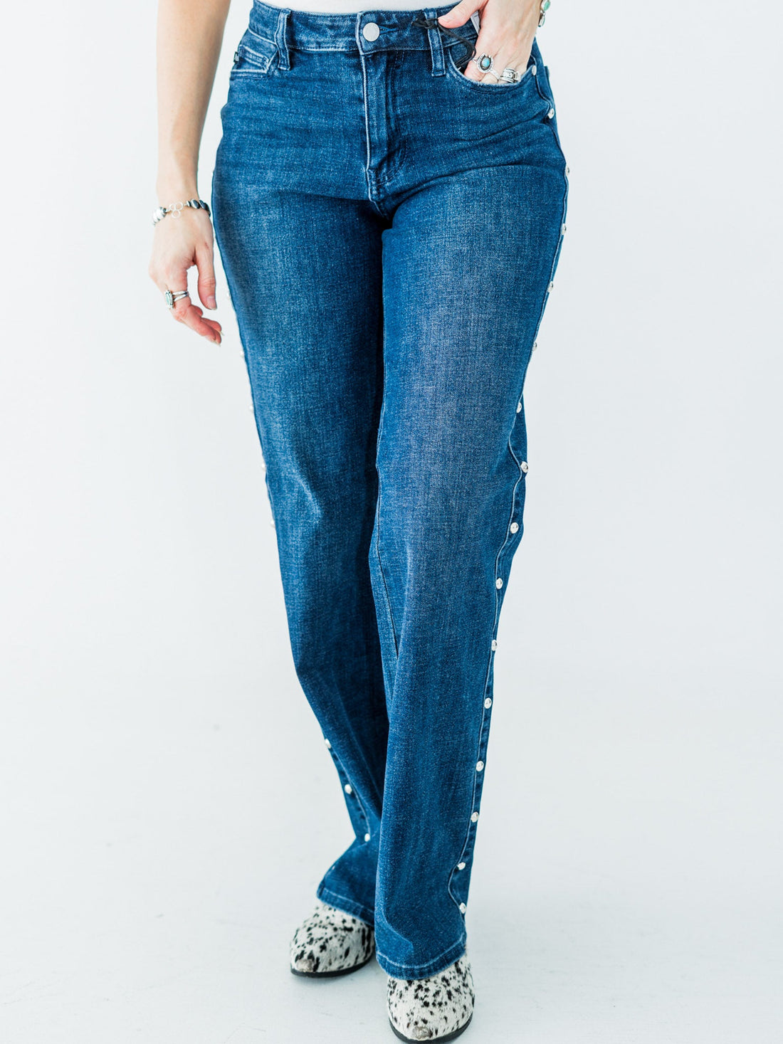 Judy Blue High - Waist Dome Studded Straight Jeans - Whiskey Skies - JUDY BLUE