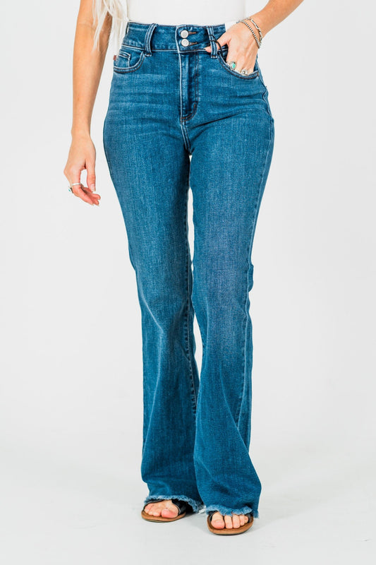 Judy Blue High - Waist Double Button Bootcut Jeans W/ Frayed Hem - Whiskey Skies - JUDY BLUE