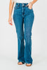 Judy Blue High - Waist Double Button Bootcut Jeans W/ Frayed Hem - Whiskey Skies - JUDY BLUE