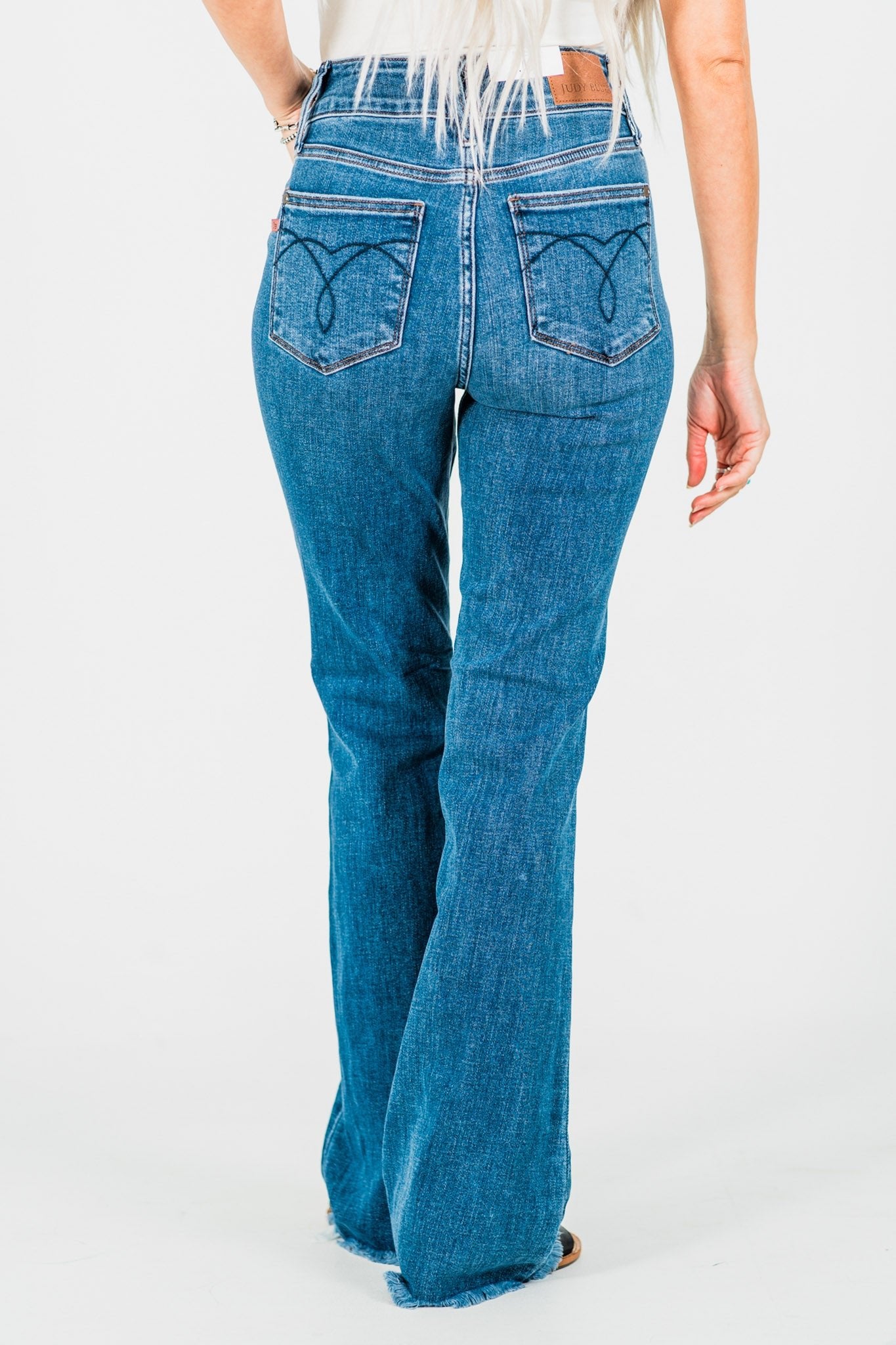Judy Blue High - Waist Double Button Bootcut Jeans W/ Frayed Hem - Whiskey Skies - JUDY BLUE