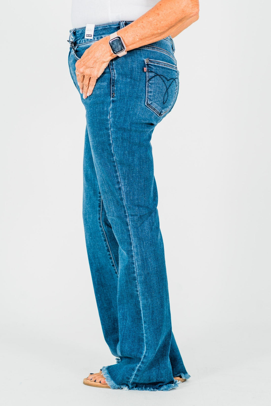 Judy Blue High - Waist Double Button Bootcut Jeans W/ Frayed Hem - Whiskey Skies - JUDY BLUE