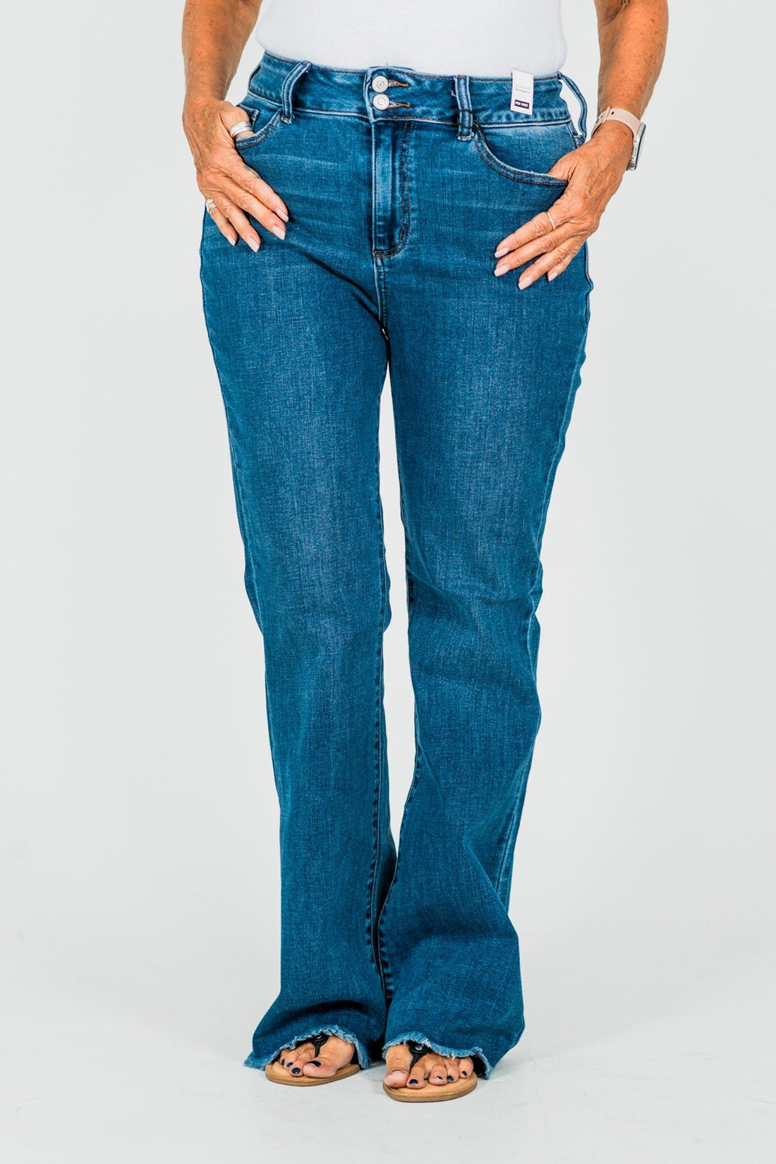 Judy Blue High - Waist Double Button Bootcut Jeans W/ Frayed Hem - Whiskey Skies - JUDY BLUE