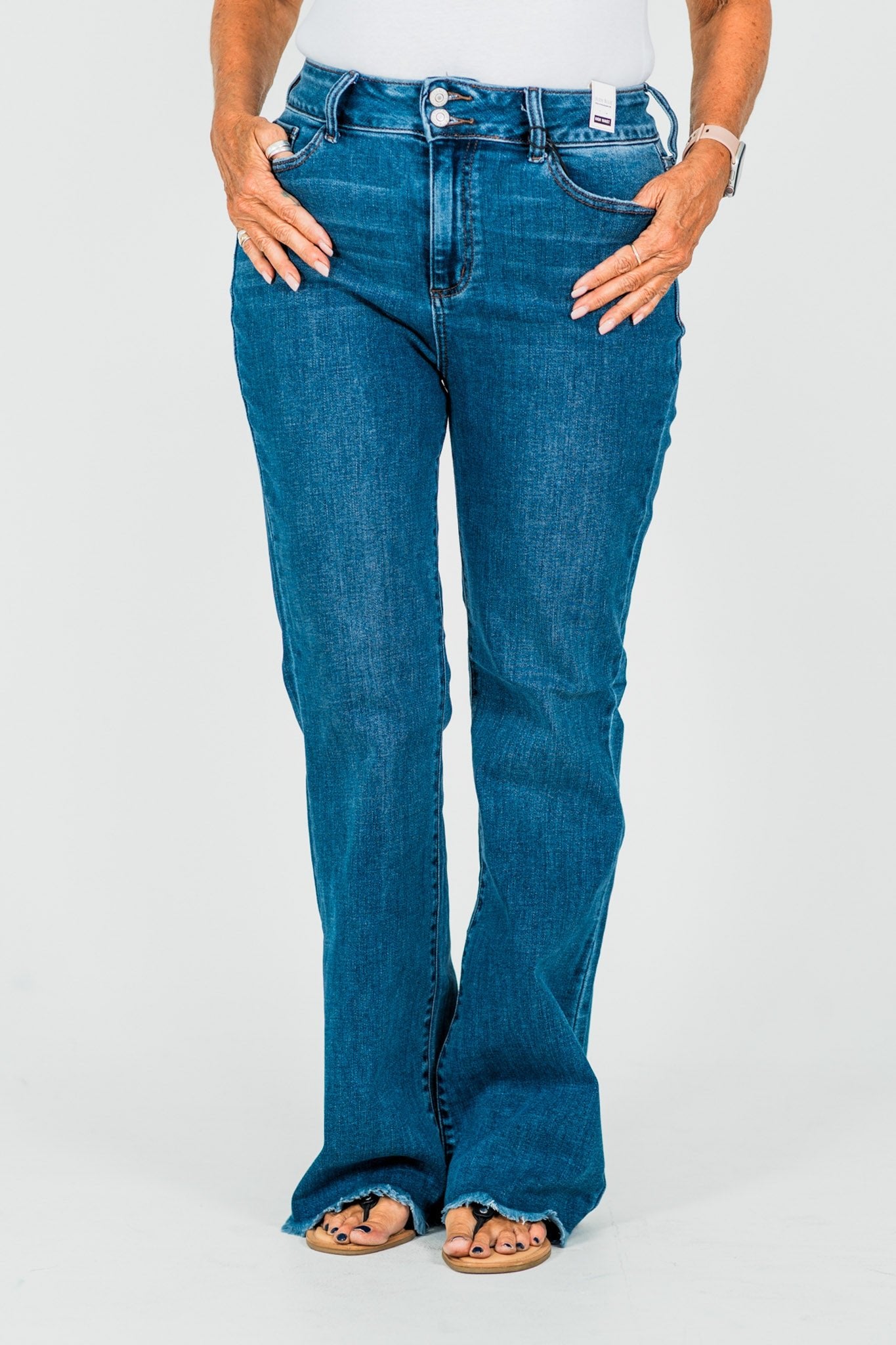 Judy Blue High - Waist Double Button Bootcut Jeans W/ Frayed Hem - Whiskey Skies - JUDY BLUE