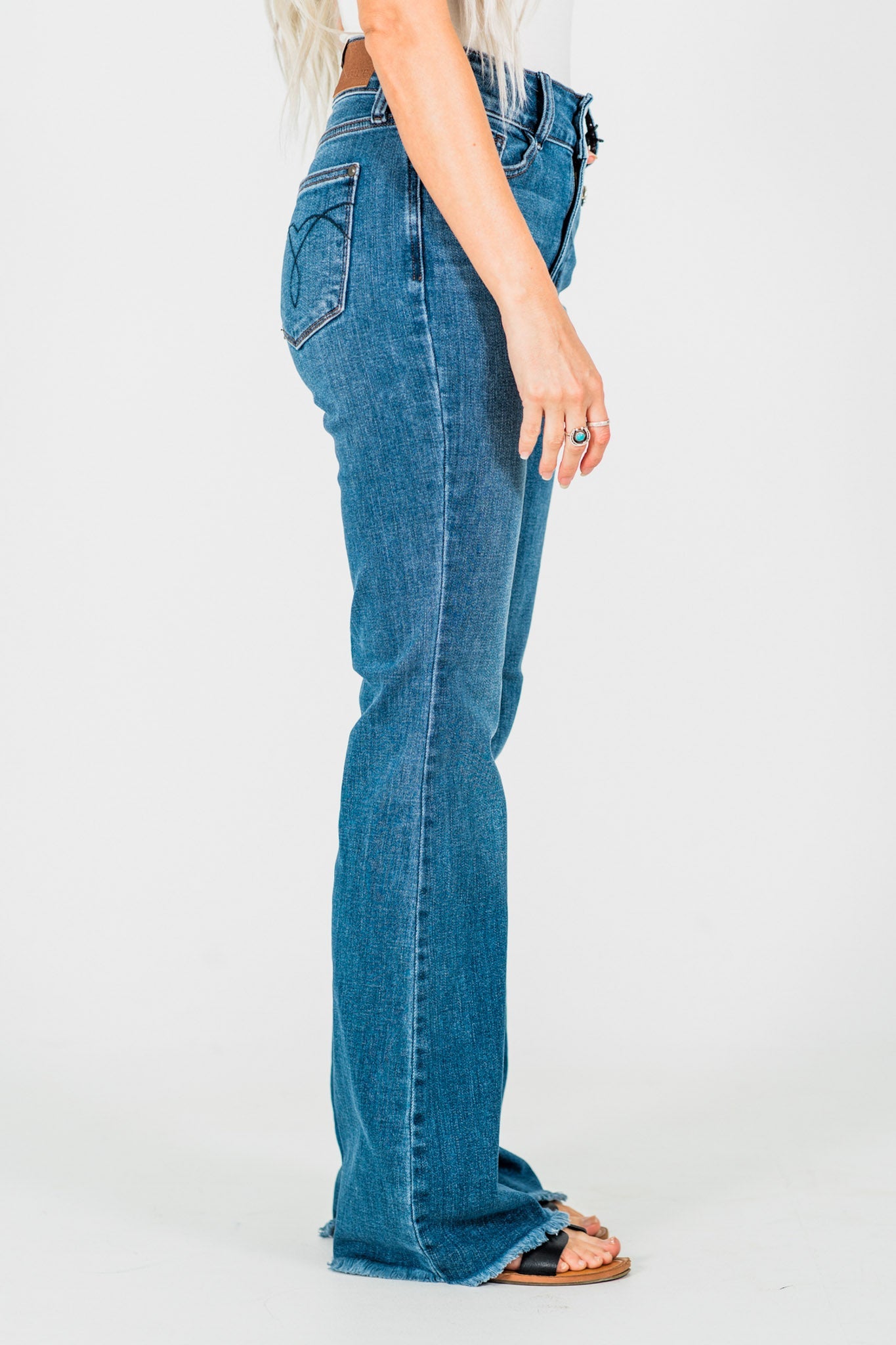 Judy Blue High - Waist Double Button Bootcut Jeans W/ Frayed Hem - Whiskey Skies - JUDY BLUE