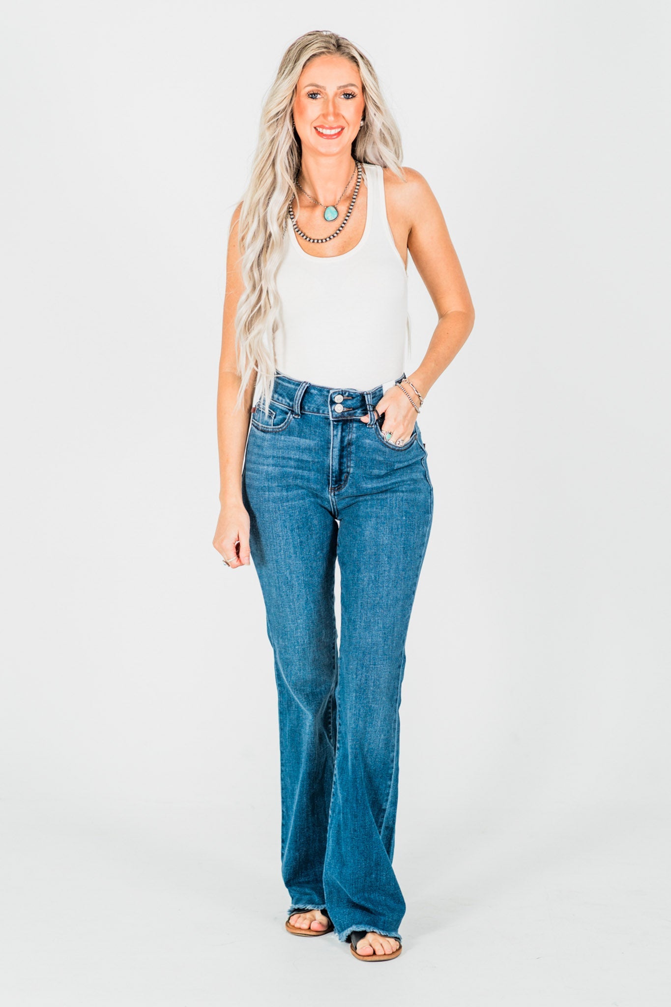 Judy Blue High - Waist Double Button Bootcut Jeans W/ Frayed Hem - Whiskey Skies - JUDY BLUE