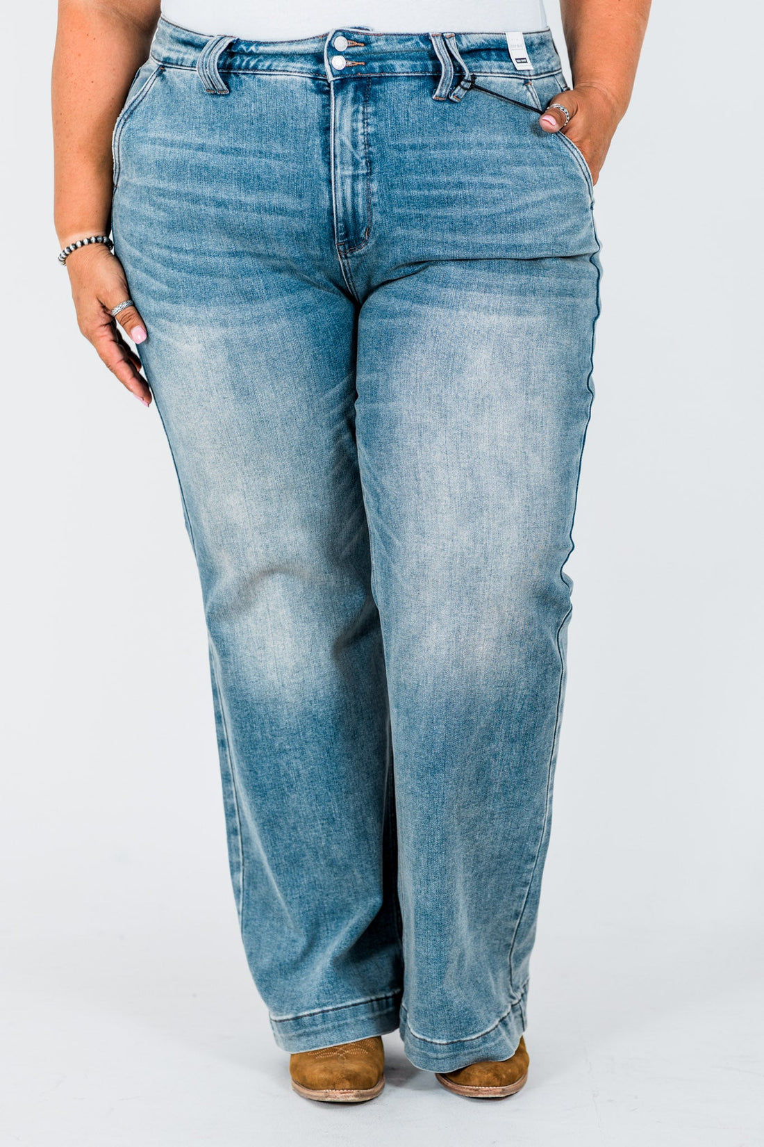 Judy Blue High Waist Double Button Wide Leg Jeans - Whiskey Skies - JUDY BLUE