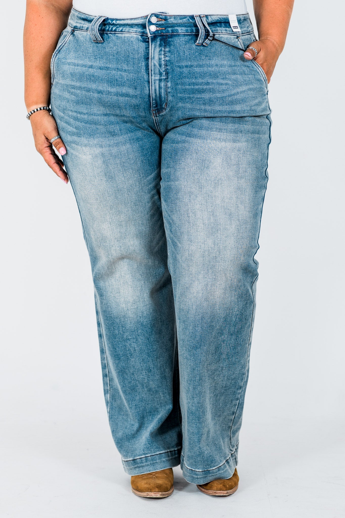 Judy Blue High Waist Double Button Wide Leg Jeans - Whiskey Skies - JUDY BLUE