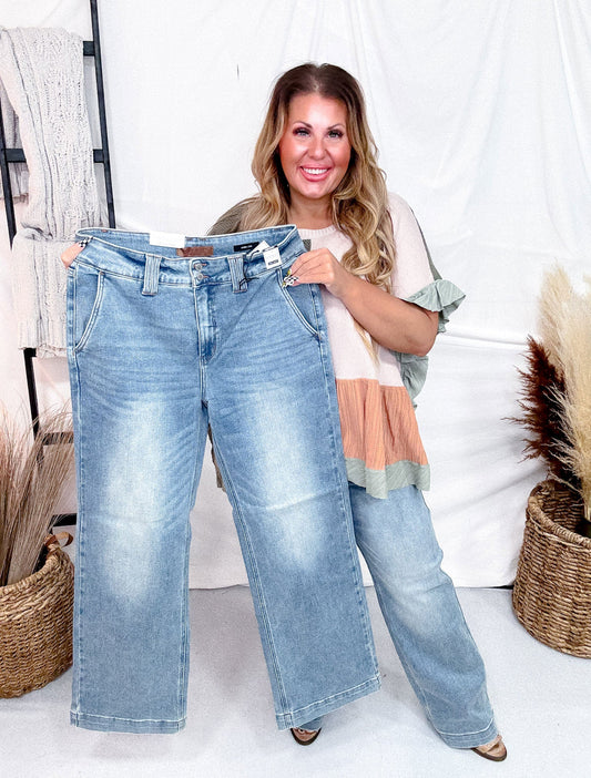 Judy Blue High Waist Double Button Wide Leg Jeans - Whiskey Skies - JUDY BLUE