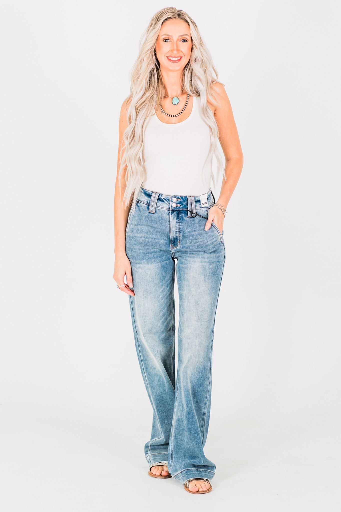 Judy Blue High Waist Double Button Wide Leg Jeans - Whiskey Skies - JUDY BLUE