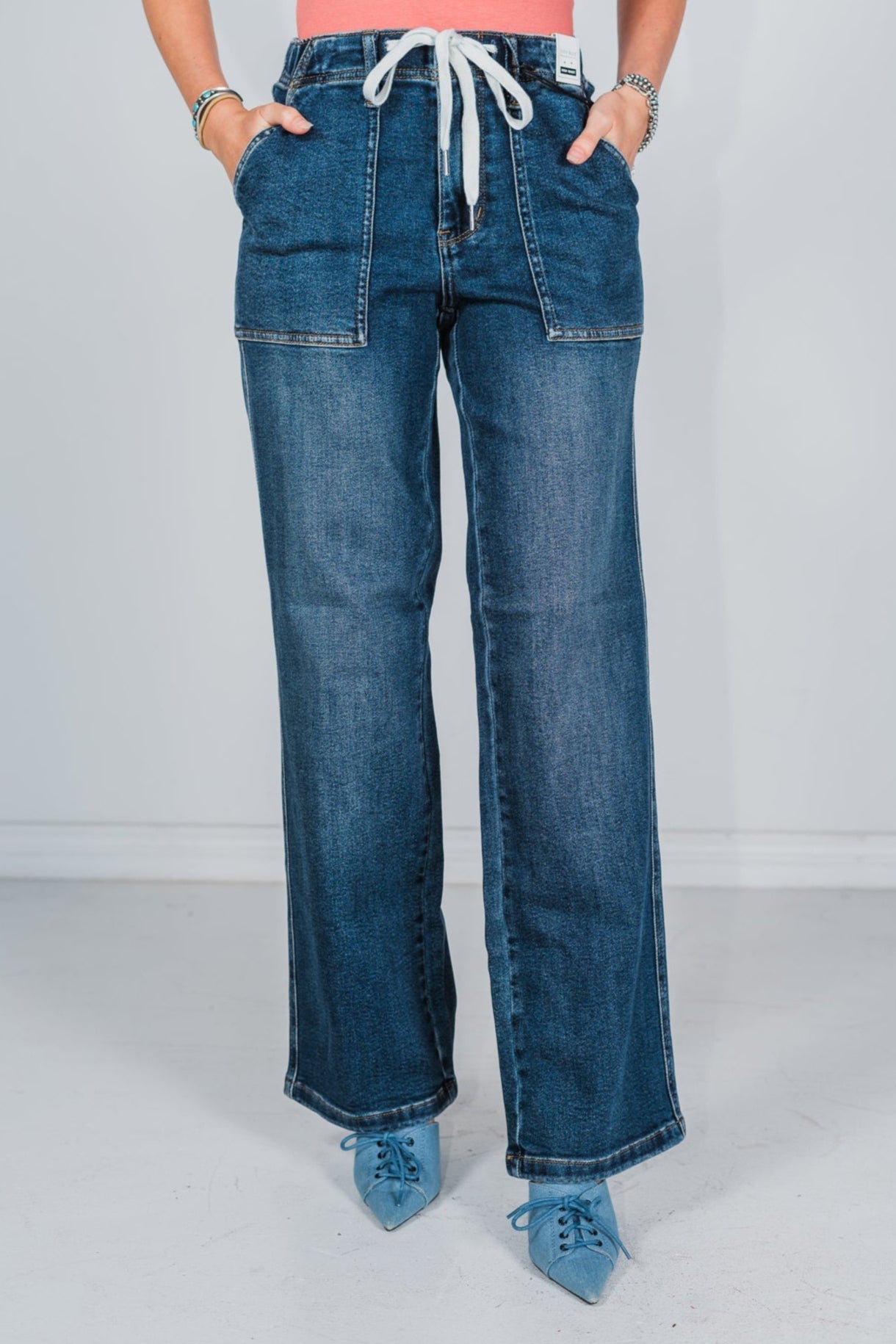 Judy Blue High Waist Drawstring Wide Leg Jeans Whiskey Skies
