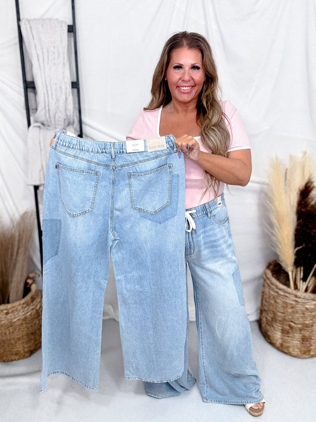 Judy Blue High - Waist Featherweight Palazzo Shadow Pocket Jeans - Whiskey Skies - JUDY BLUE