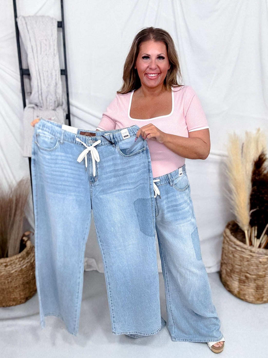 Judy Blue High - Waist Featherweight Palazzo Shadow Pocket Jeans - Whiskey Skies - JUDY BLUE