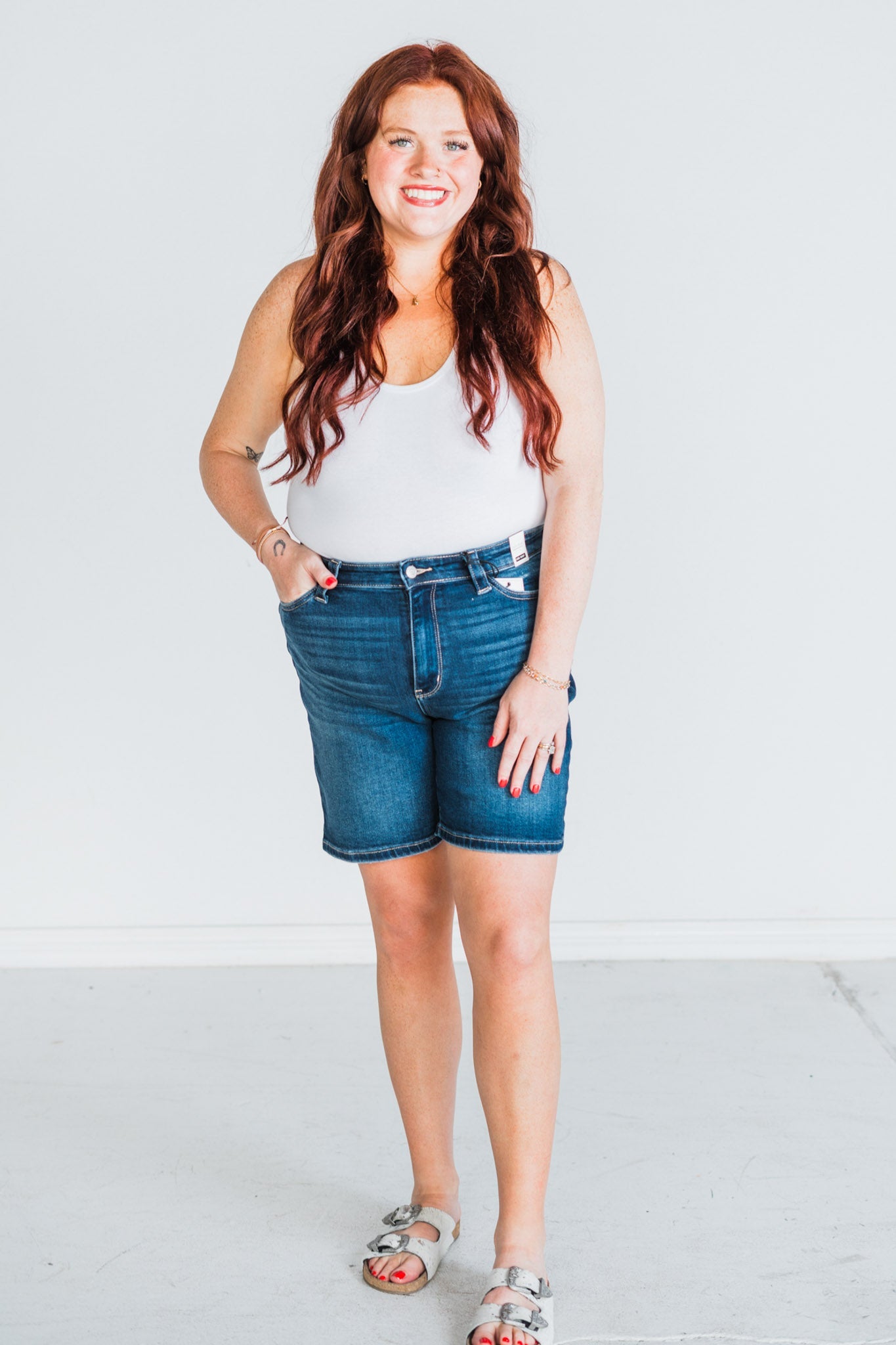 Judy Blue High - Waist Flap Pocket Bermuda Denim Shorts - Whiskey Skies - JUDY BLUE