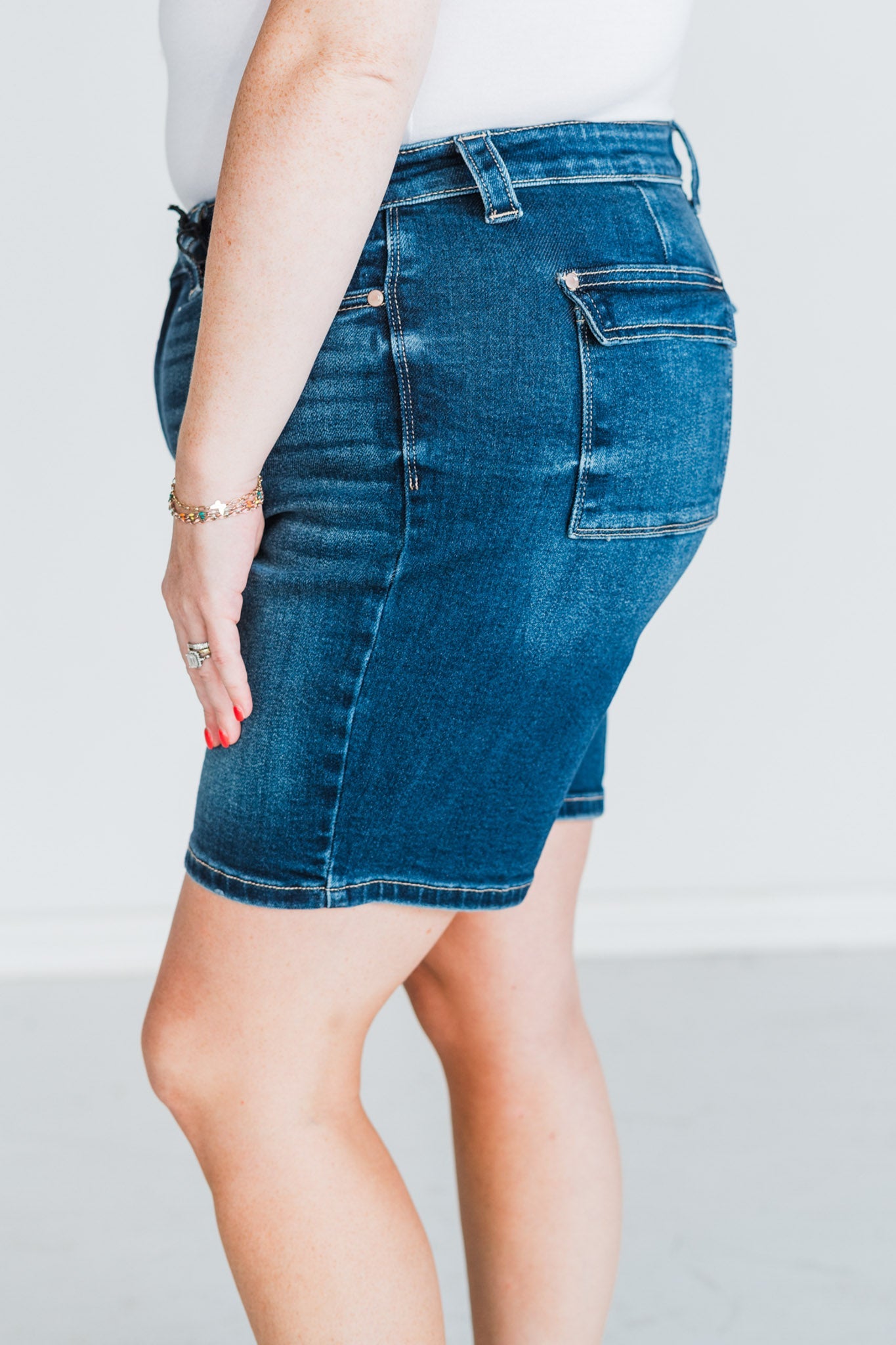 Judy Blue High - Waist Flap Pocket Bermuda Denim Shorts - Whiskey Skies - JUDY BLUE