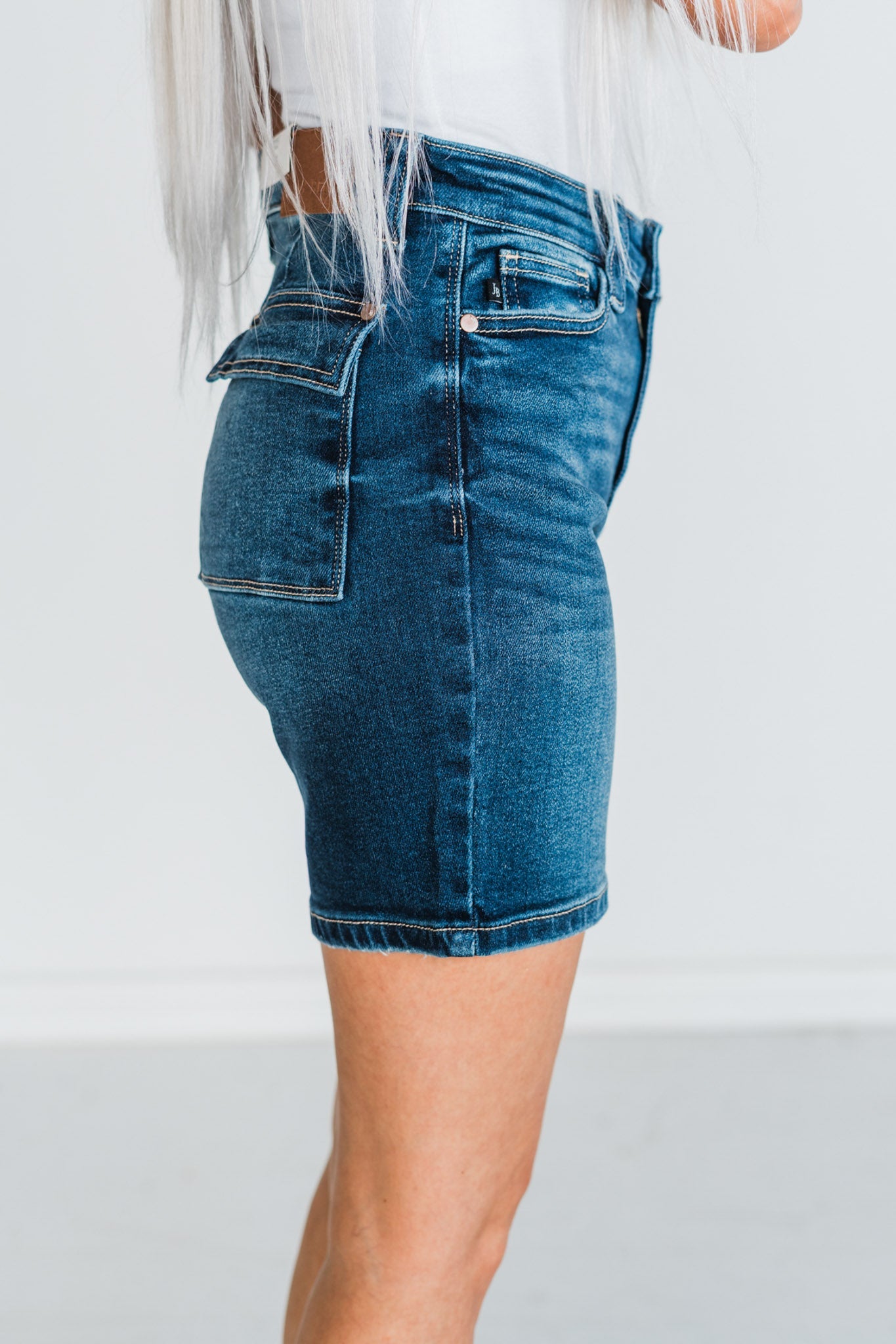 Judy Blue High - Waist Flap Pocket Bermuda Denim Shorts - Whiskey Skies - JUDY BLUE