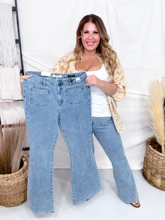 Judy Blue High Waist Flare Jeans With Front Patch Welt Pockets - Whiskey Skies - JUDY BLUE