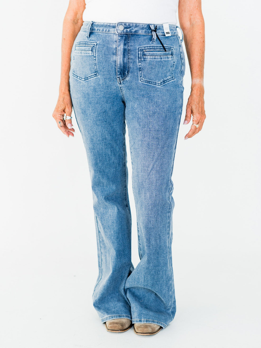 Judy Blue High Waist Flare Jeans With Front Patch Welt Pockets - Whiskey Skies - JUDY BLUE
