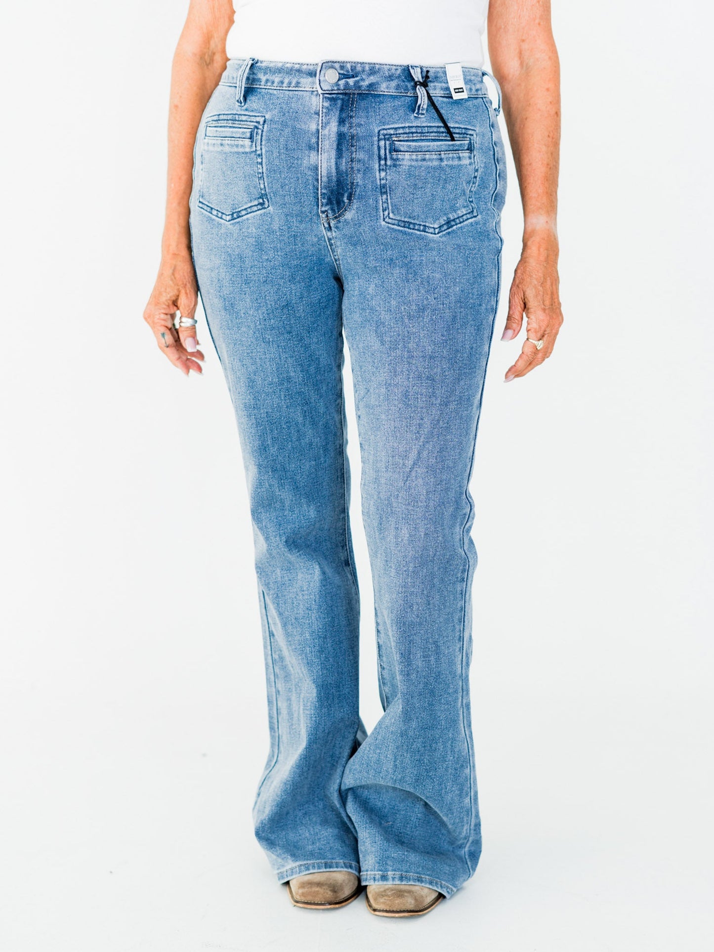 Judy Blue High Waist Flare Jeans With Front Patch Welt Pockets - Whiskey Skies - JUDY BLUE