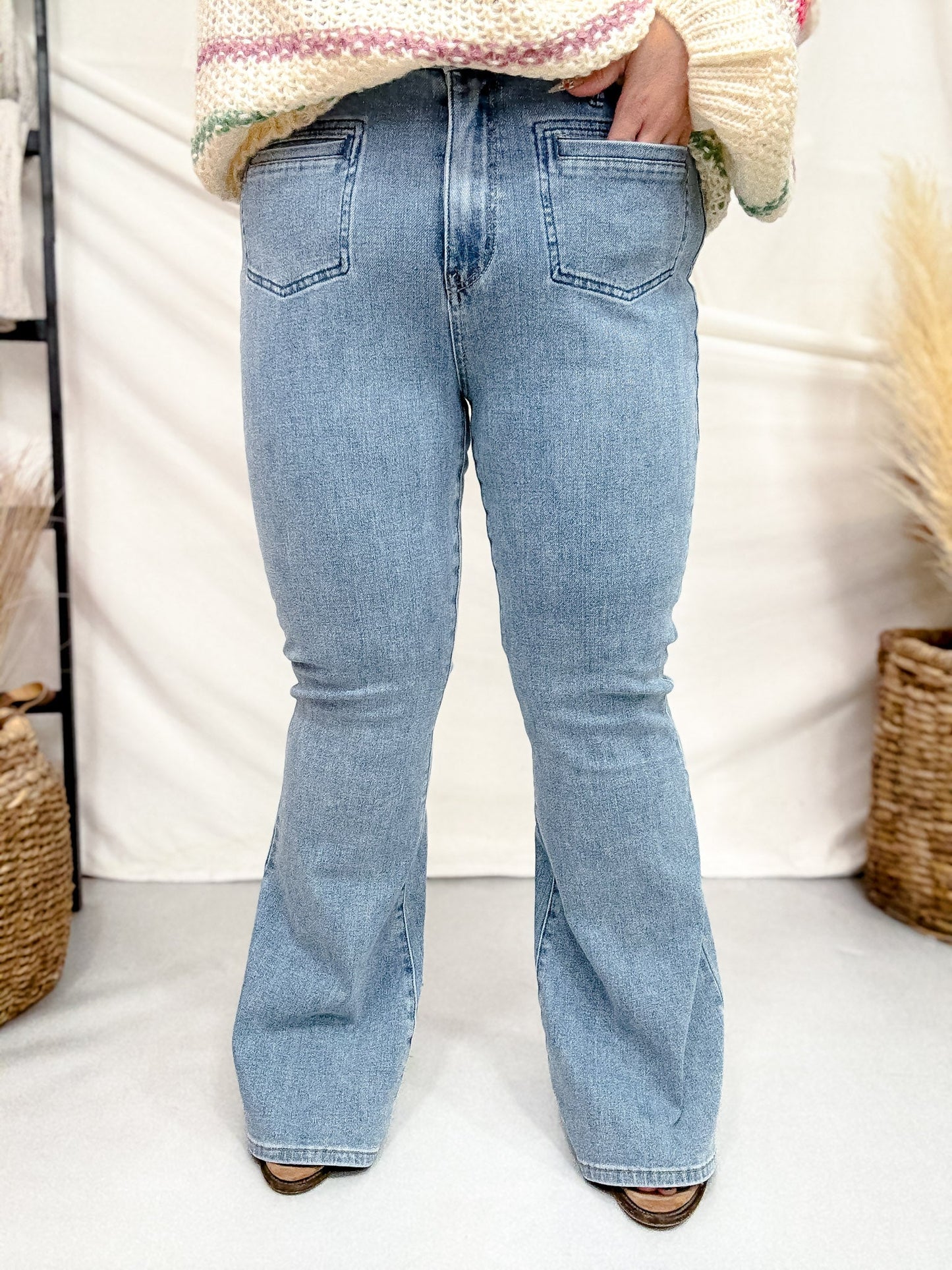 Judy Blue High Waist Flare Jeans With Front Patch Welt Pockets - Whiskey Skies - JUDY BLUE