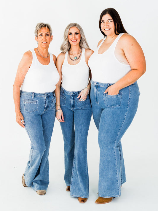 Judy Blue High Waist Flare Jeans With Front Patch Welt Pockets - Whiskey Skies - JUDY BLUE