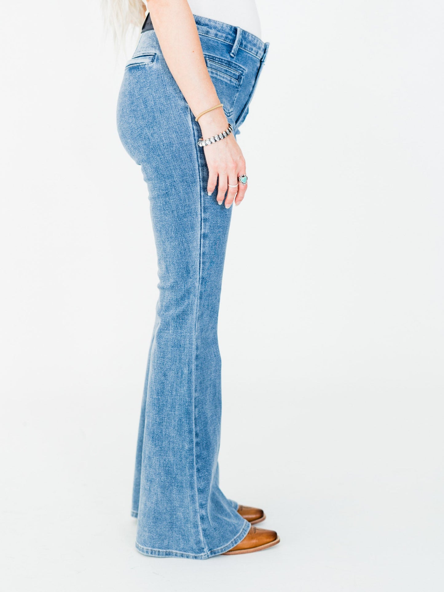 Judy Blue High Waist Flare Jeans With Front Patch Welt Pockets - Whiskey Skies - JUDY BLUE