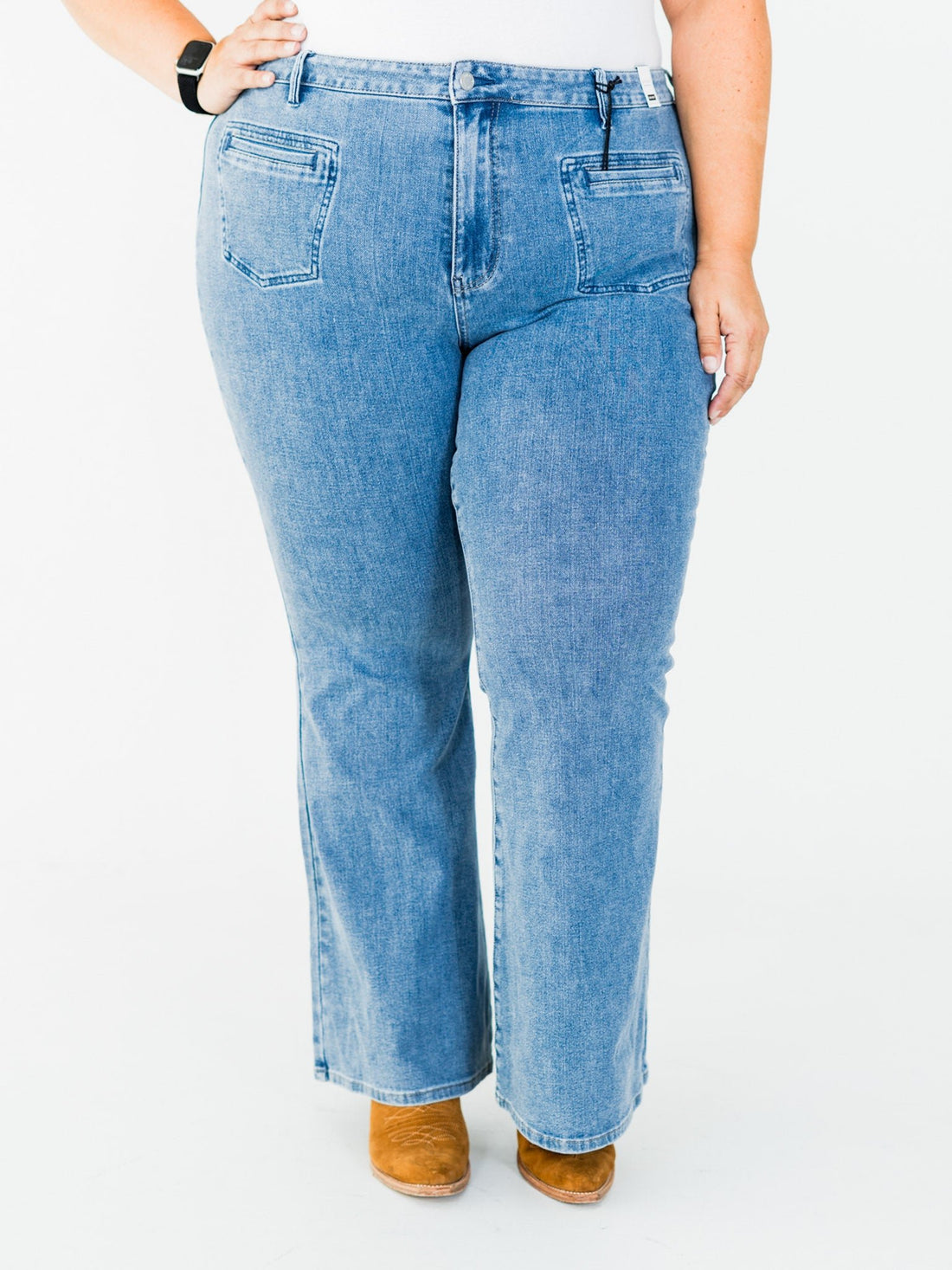 Judy Blue High Waist Flare Jeans With Front Patch Welt Pockets - Whiskey Skies - JUDY BLUE