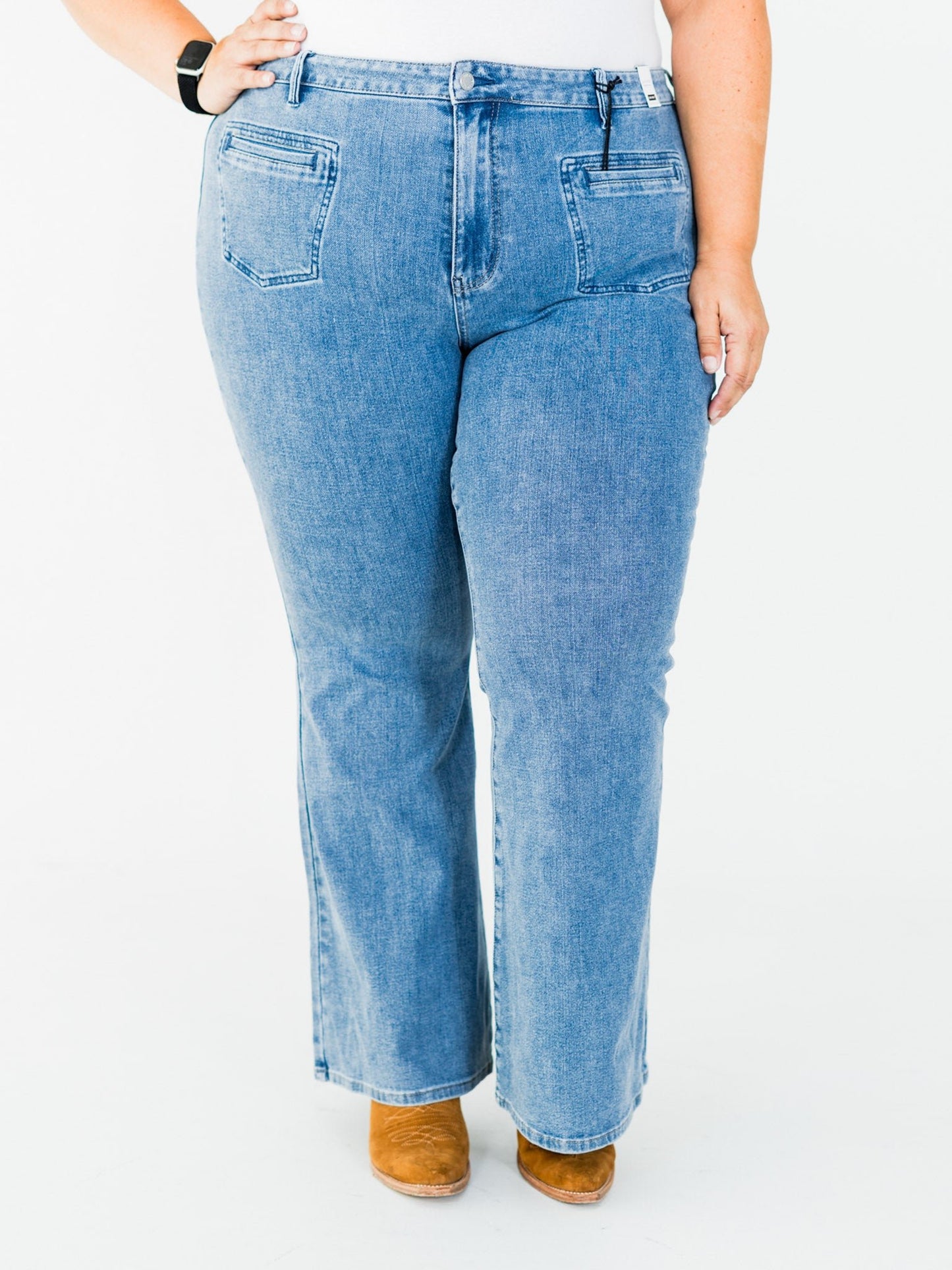 Judy Blue High Waist Flare Jeans With Front Patch Welt Pockets - Whiskey Skies - JUDY BLUE