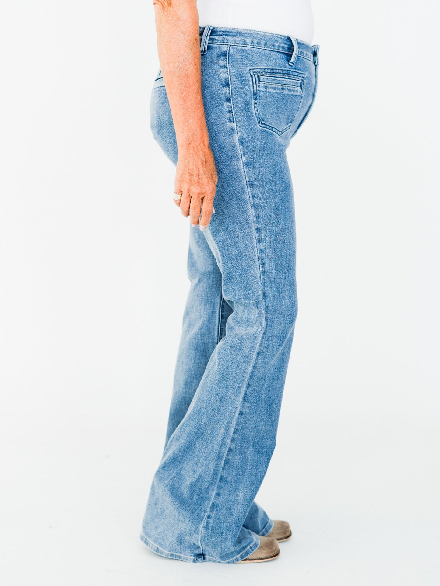 Judy Blue High Waist Flare Jeans With Front Patch Welt Pockets - Whiskey Skies - JUDY BLUE