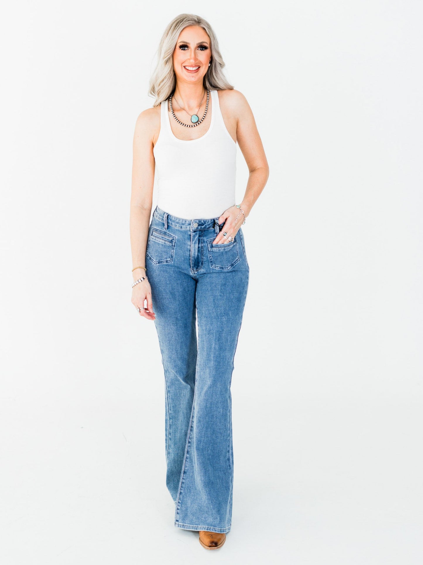 Judy Blue High Waist Flare Jeans With Front Patch Welt Pockets - Whiskey Skies - JUDY BLUE