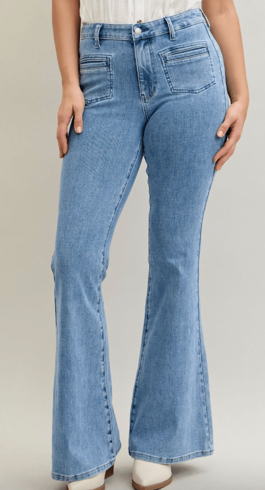 Judy Blue High Waist Flare Jeans With Front Patch Welt Pockets - Whiskey Skies - JUDY BLUE