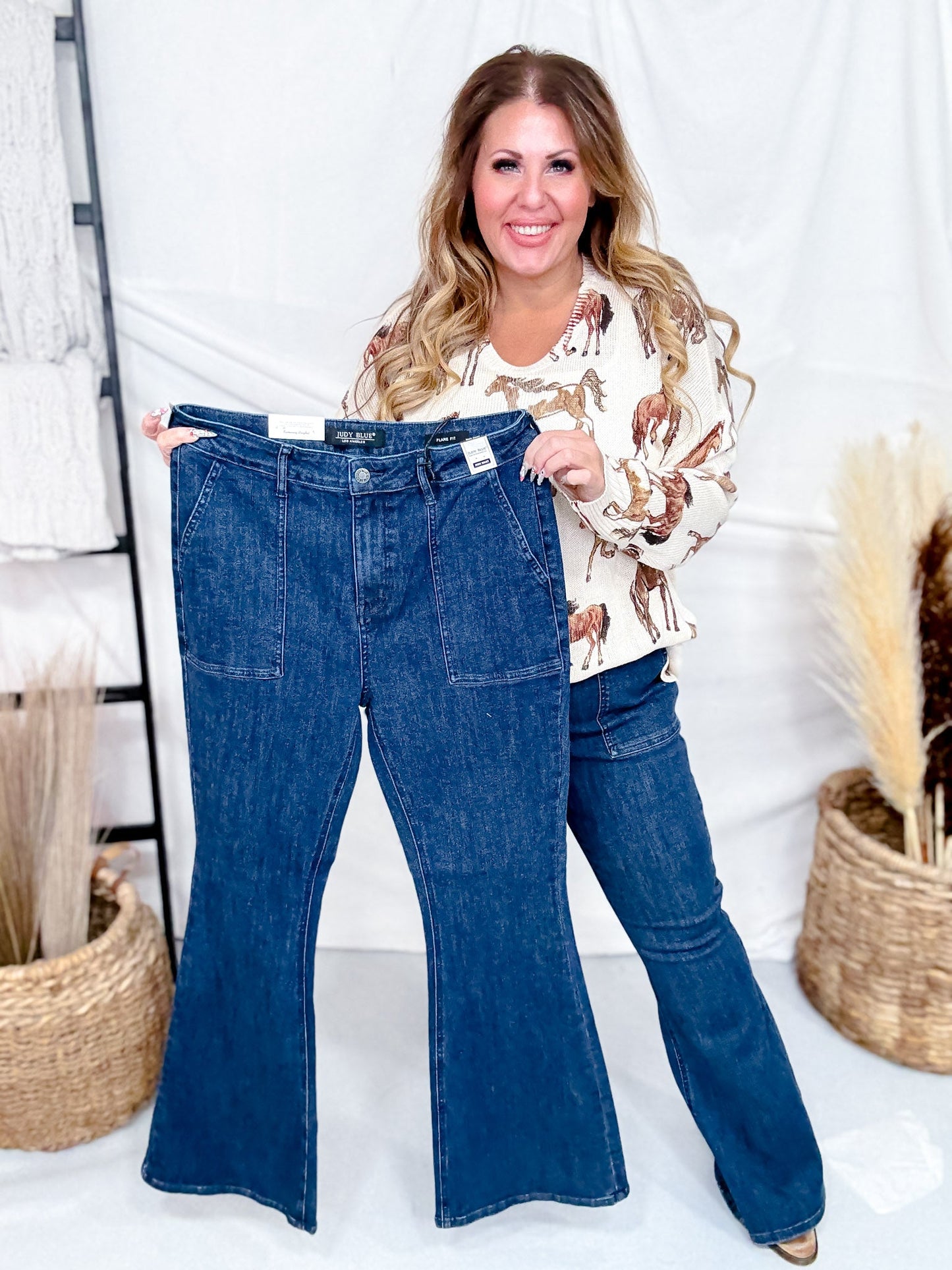 Judy Blue High Waist Flare Jeans With Patch Pockets - Whiskey Skies - Whiskey Skies