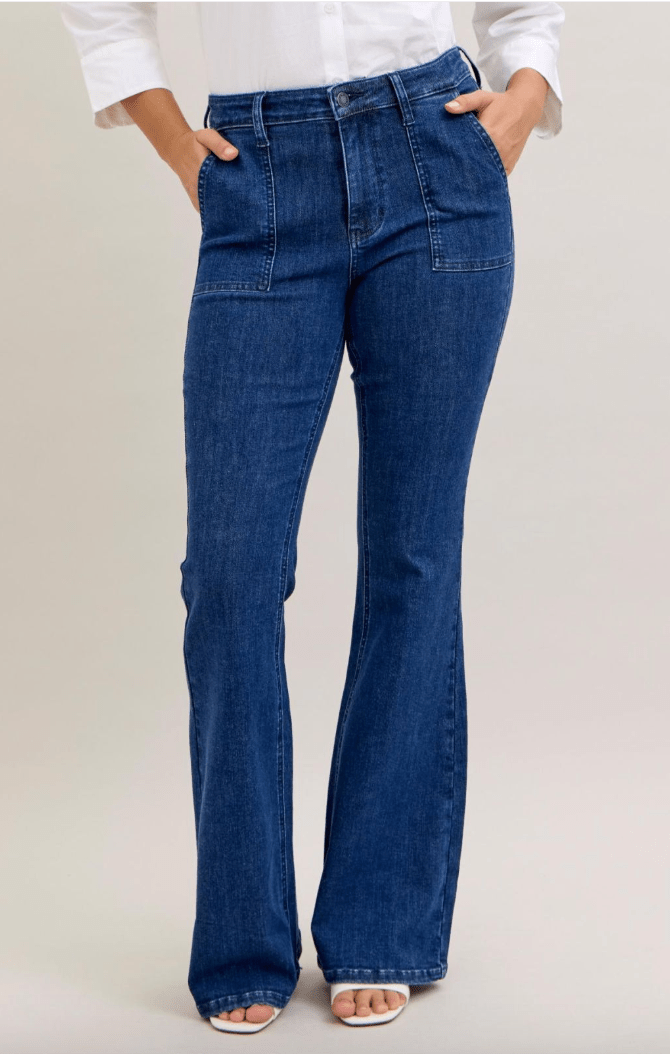 Judy Blue High Waist Flare Jeans With Patch Pockets - Whiskey Skies - Whiskey Skies