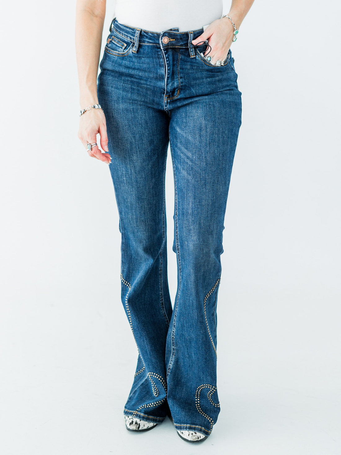 Judy Blue High Waist Flare Jeans With Western Stud Detailing - Whiskey Skies - JUDY BLUE