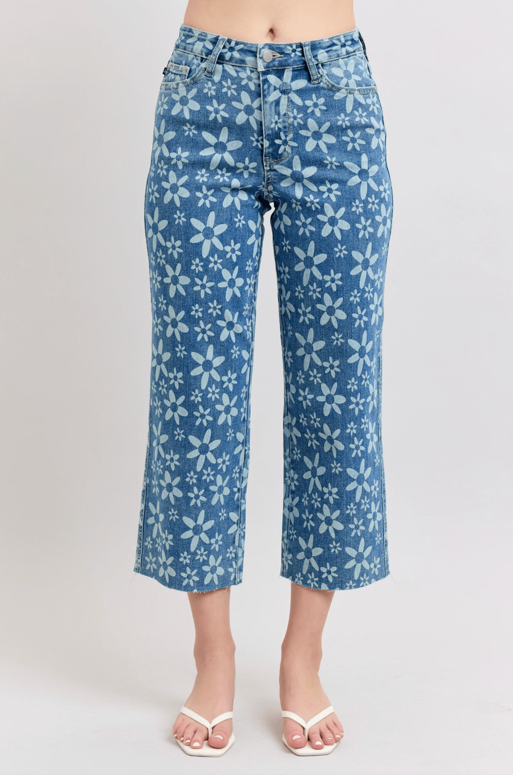 Judy Blue High - Waist Flower Print Cropped Wide Leg Jeans - Whiskey Skies - JUDY BLUE