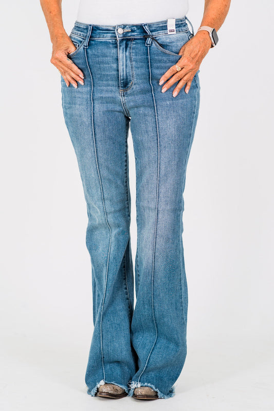 Judy Blue High - Waist Front Pintuck Detail Flare Jeans - Whiskey Skies - JUDY BLUE