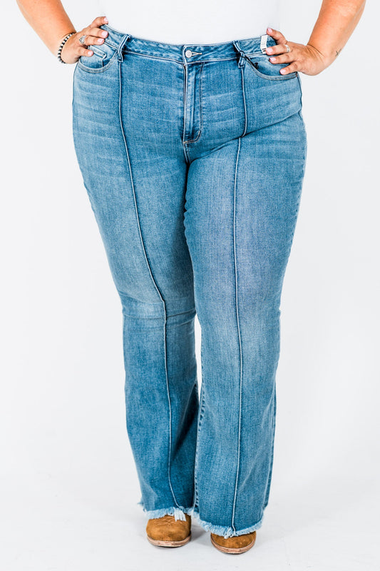 Judy Blue High - Waist Front Pintuck Detail Flare Jeans - Whiskey Skies - JUDY BLUE