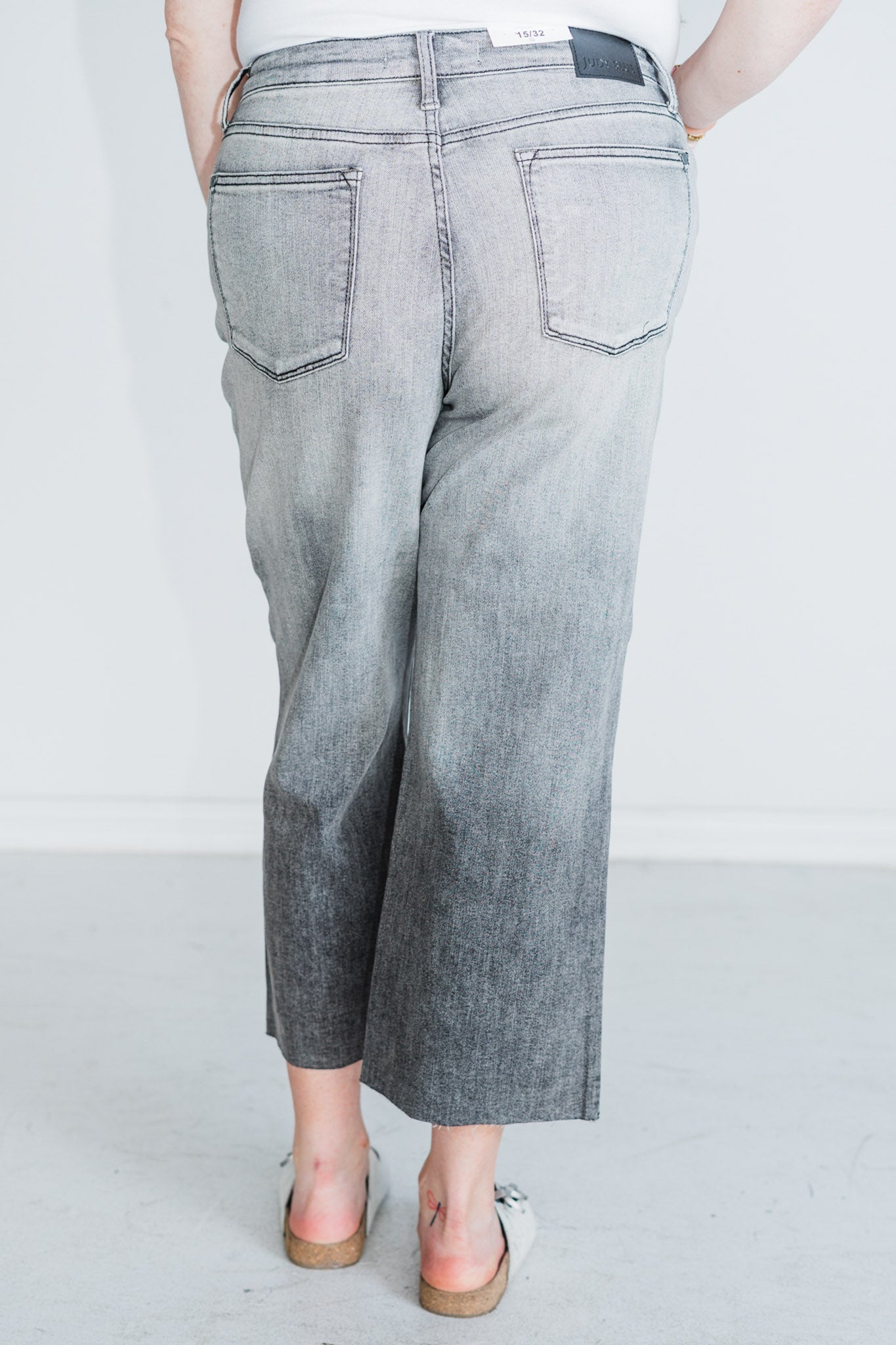 Judy Blue High Waist Gray Cropped Jeans with Embroidered Pocket Detail - Whiskey Skies - JUDY BLUE