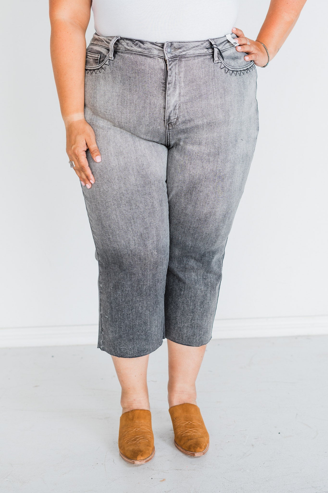 Judy Blue High Waist Gray Cropped Jeans with Embroidered Pocket Detail - Whiskey Skies - JUDY BLUE