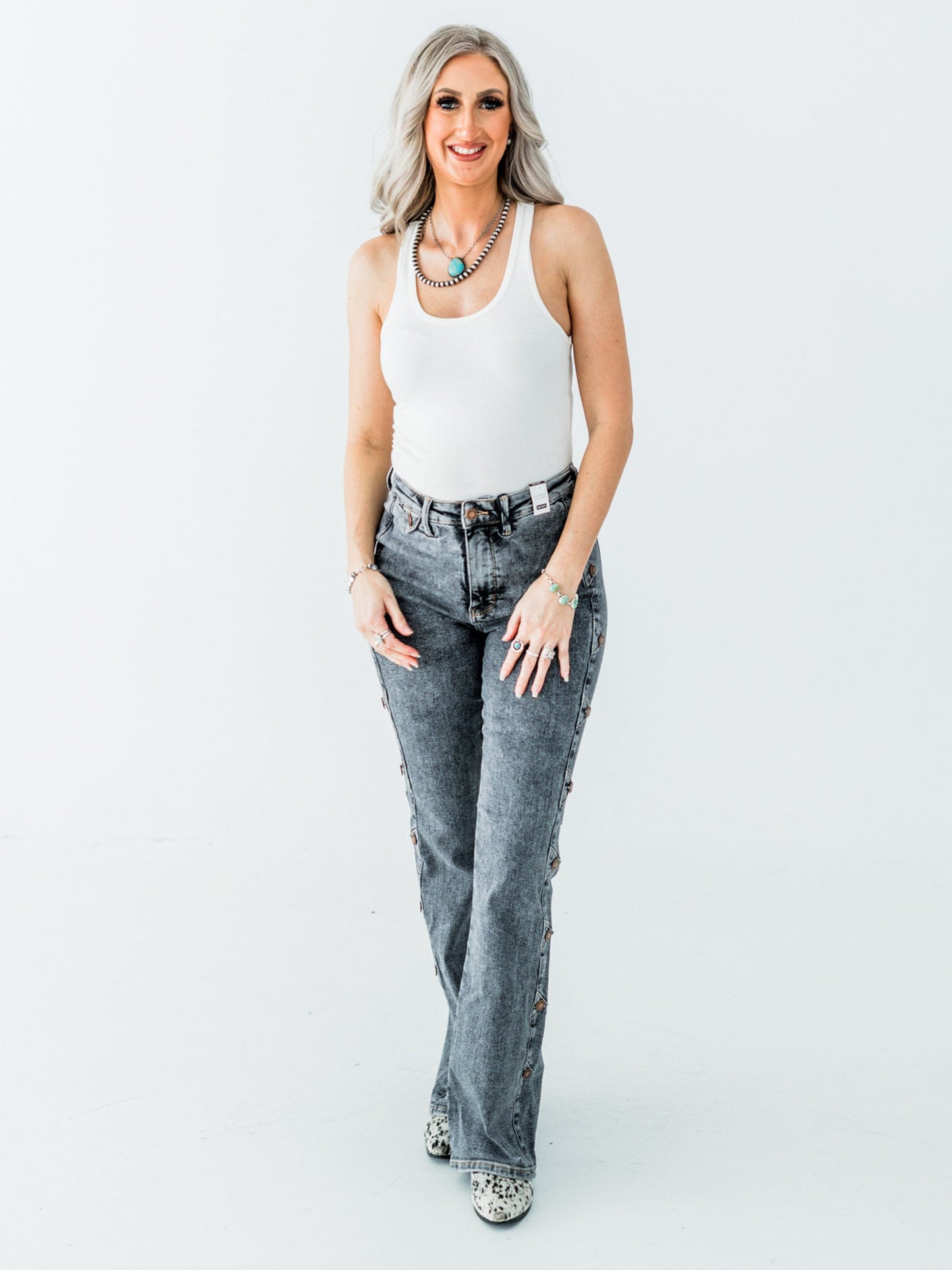 Judy Blue High Waist Grey Western Bootcut Side Seam Jeans with Tummy Control - Whiskey Skies - JUDY BLUE