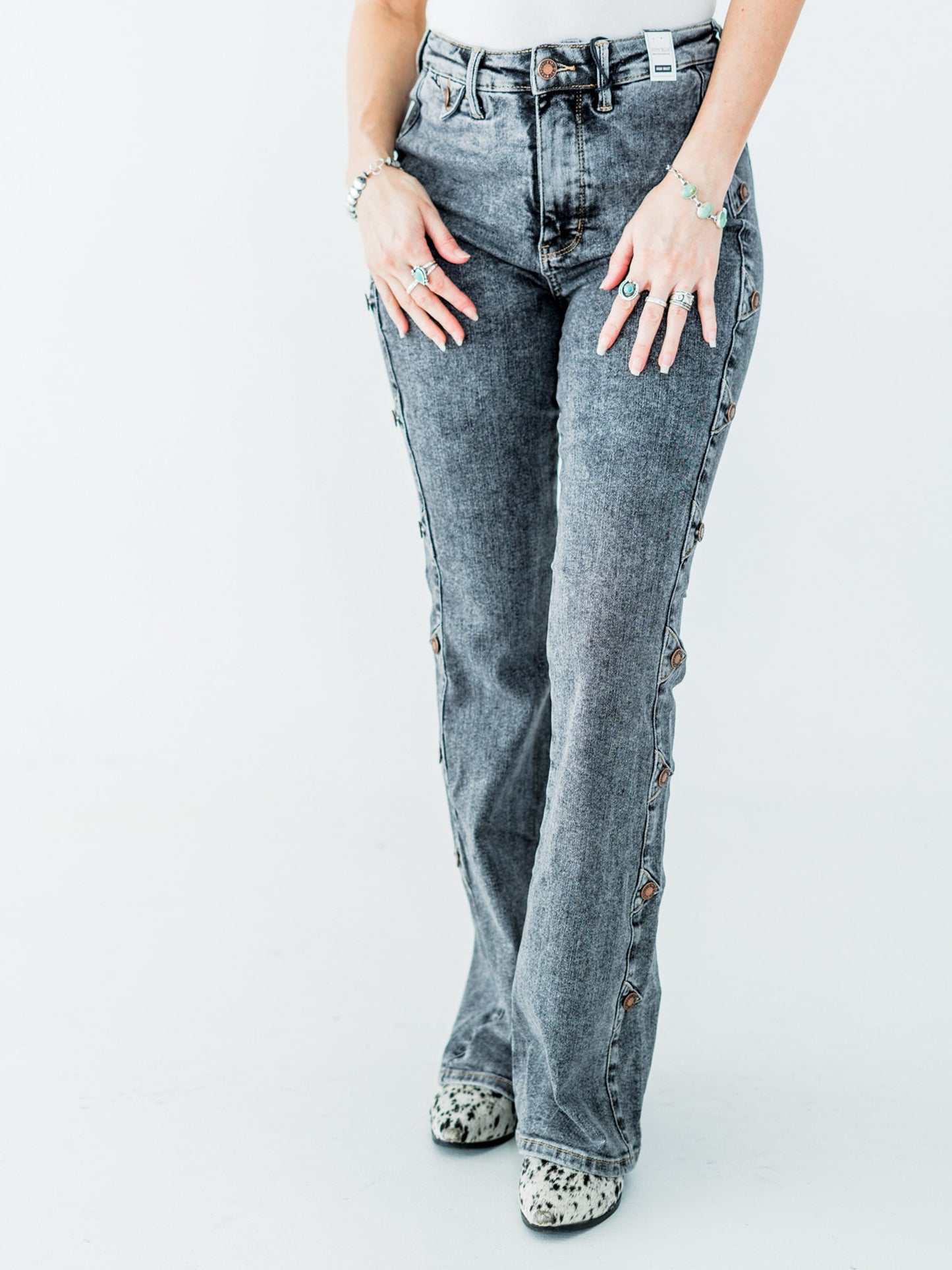 Judy Blue High Waist Grey Western Bootcut Side Seam Jeans with Tummy Control - Whiskey Skies - JUDY BLUE