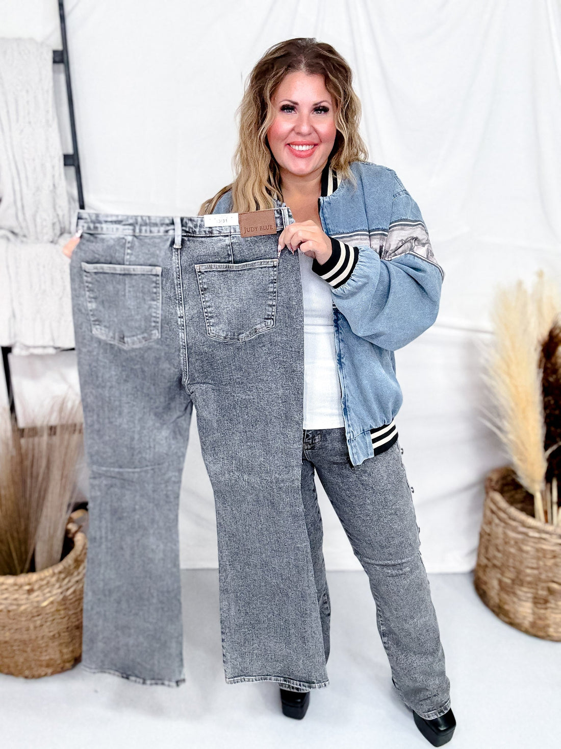 Judy Blue High Waist Grey Western Bootcut Side Seam Jeans with Tummy Control - Whiskey Skies - JUDY BLUE