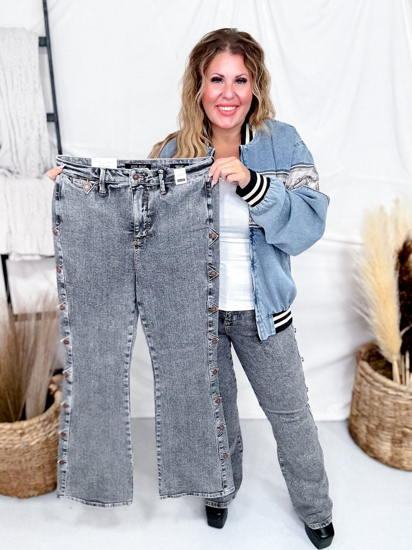 Judy Blue High Waist Grey Western Bootcut Side Seam Jeans with Tummy Control - Whiskey Skies - JUDY BLUE