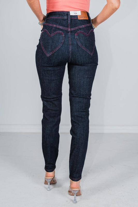 Judy Blue High Waist Heart Shaped Back Pocket Skinny Jeans - Whiskey Skies - JUDY BLUE