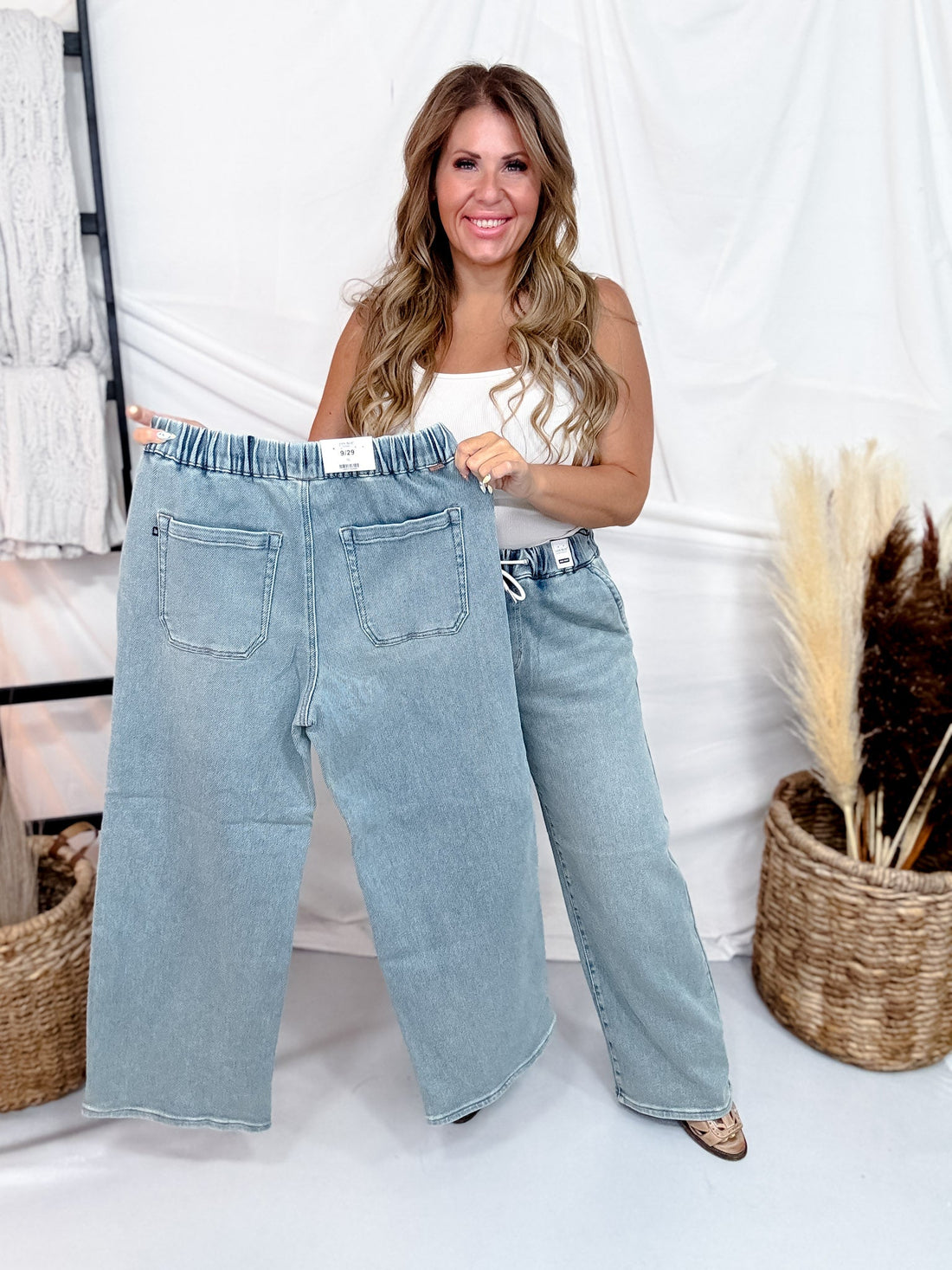 Judy Blue High Waist Knit Indigo Baggy Jeans W/ Drawstring - Whiskey Skies - JUDY BLUE