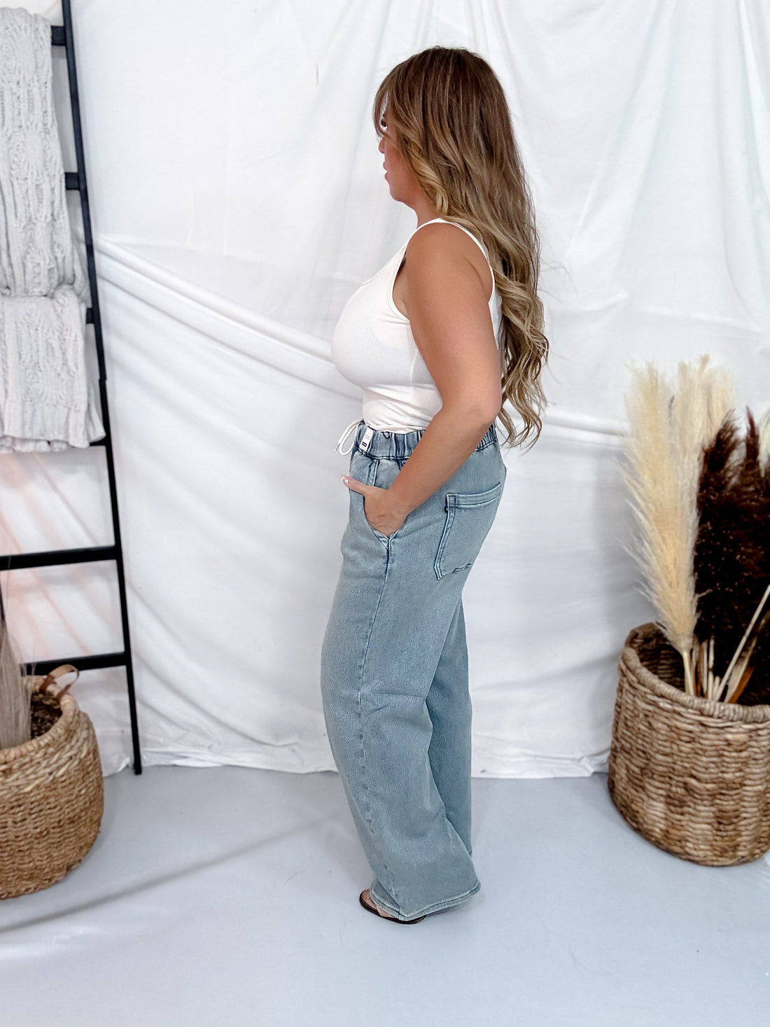 Judy Blue High Waist Knit Indigo Baggy Jeans W/ Drawstring - Whiskey Skies - JUDY BLUE