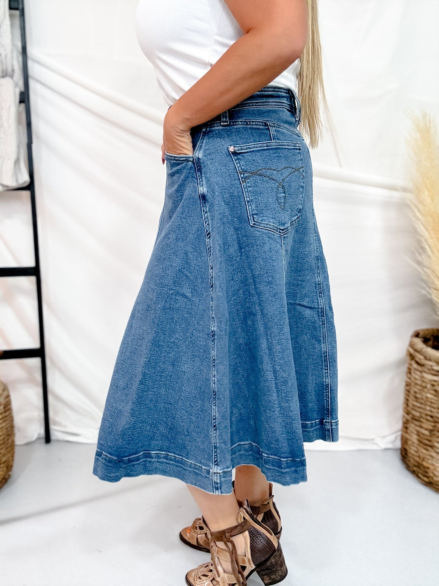 Judy Blue High Waist Lasso Denim Midi Skirt - Whiskey Skies - JUDY BLUE