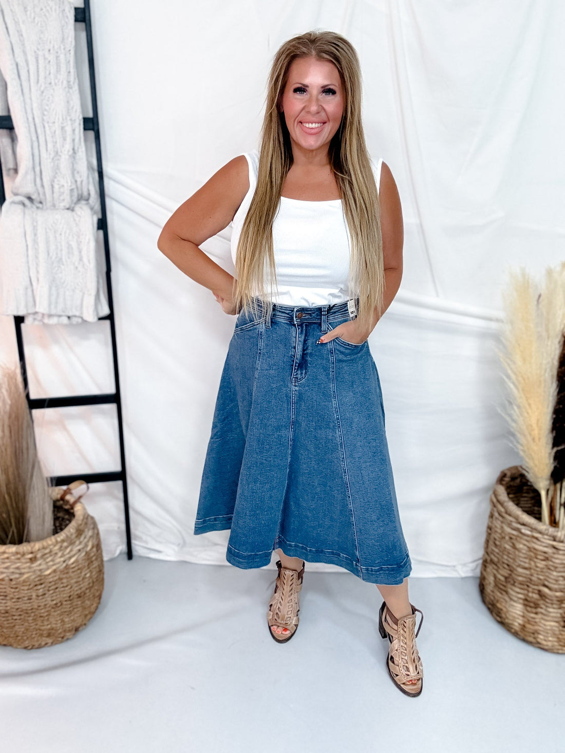 Judy Blue High Waist Lasso Denim Midi Skirt - Whiskey Skies - JUDY BLUE