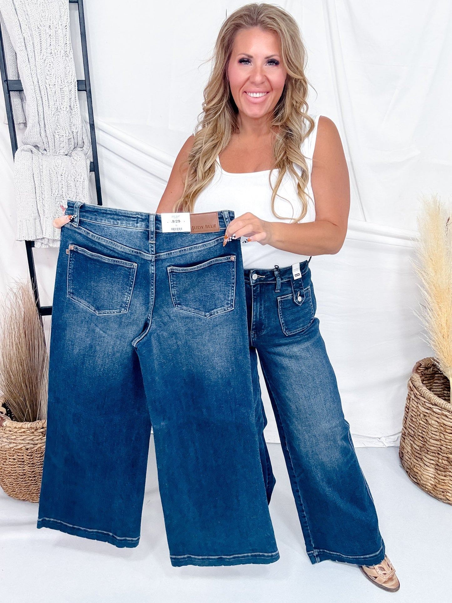 Judy Blue High Waist Lux Retro Wide Leg Jeans W/ Patch Pockets - Whiskey Skies - JUDY BLUE